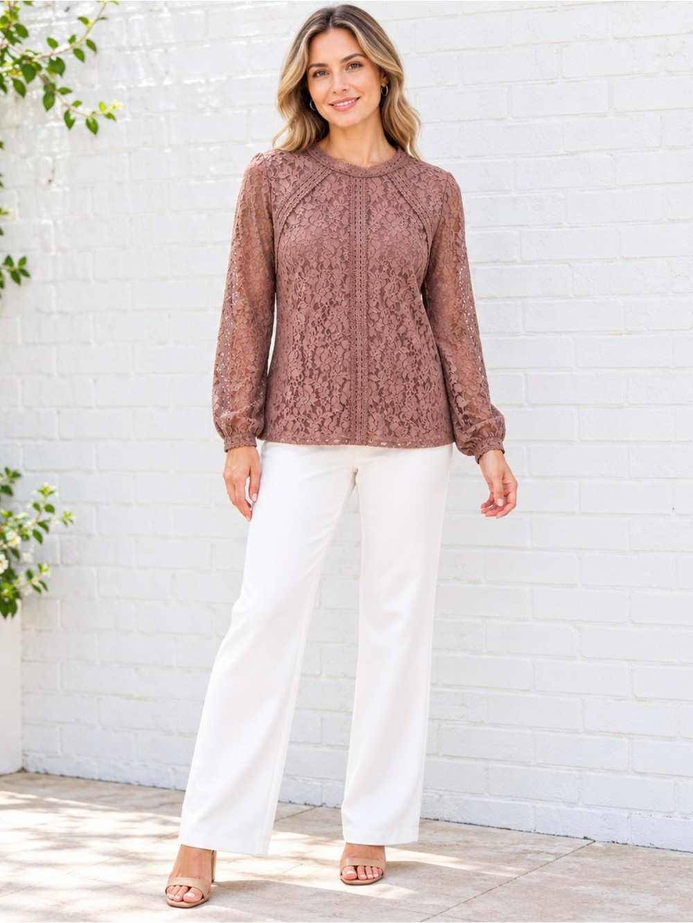 Cable & Gauge Mauve Lace Long-Sleeve Top